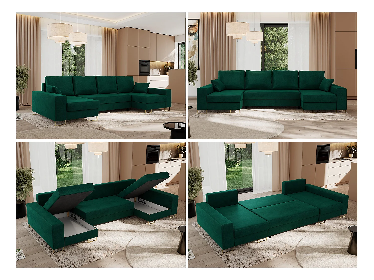 Ecksofa DORIAN U, Wohnlandschaft, Ecksofa mit Armlehnen, schlaffunktion und Bettkästen - Dunkelgrün Velvet