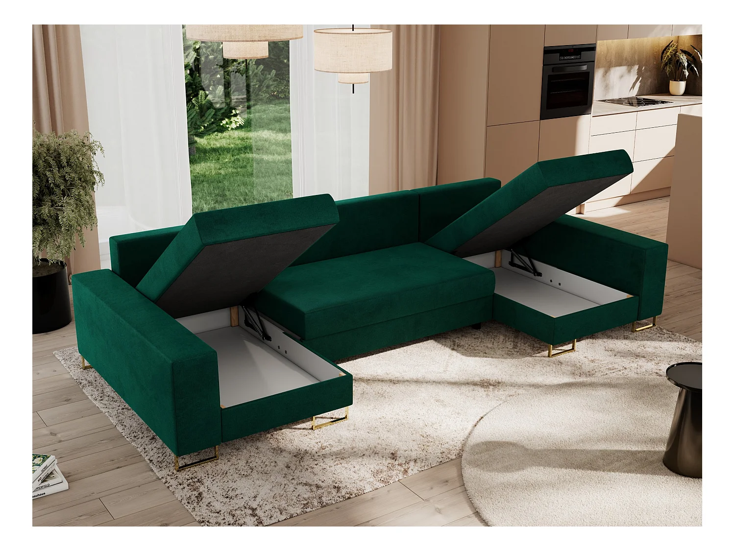 Ecksofa DORIAN U, Wohnlandschaft, Ecksofa mit Armlehnen, schlaffunktion und Bettkästen - Dunkelgrün Velvet