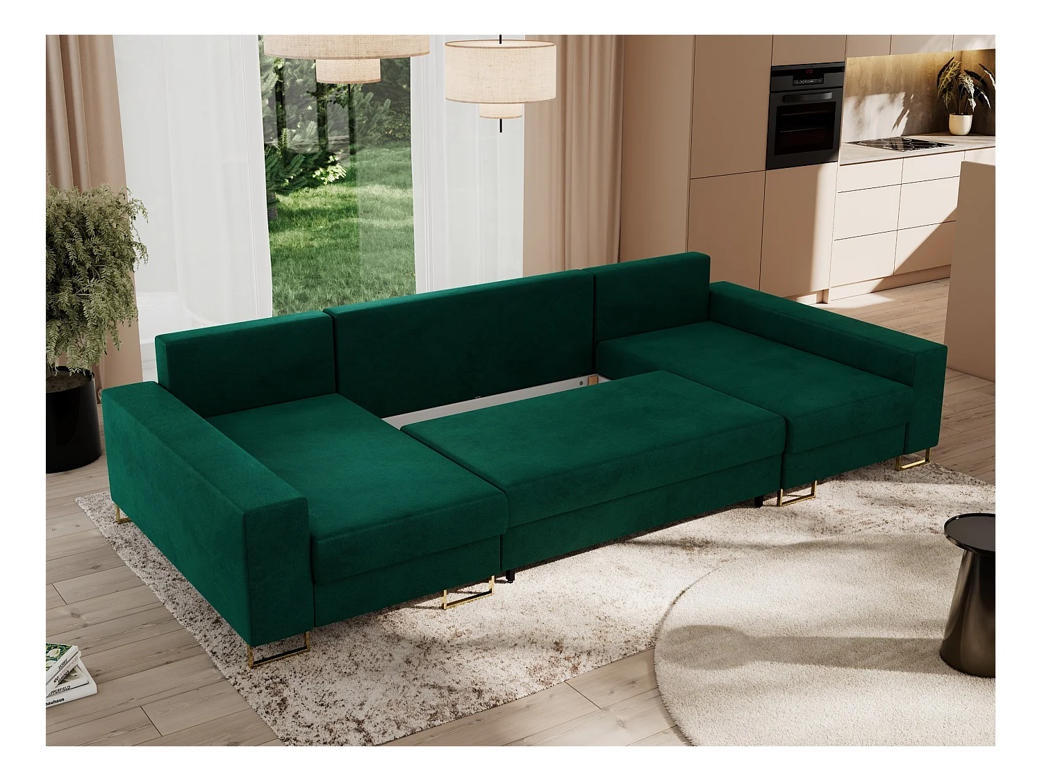 Ecksofa DORIAN U, Wohnlandschaft, Ecksofa mit Armlehnen, schlaffunktion und Bettkästen - Dunkelgrün Velvet