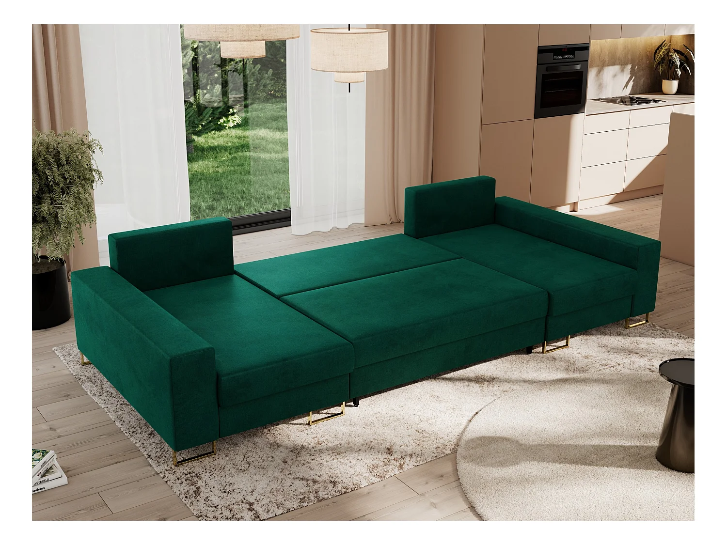 Ecksofa DORIAN U, Wohnlandschaft, Ecksofa mit Armlehnen, schlaffunktion und Bettkästen - Dunkelgrün Velvet