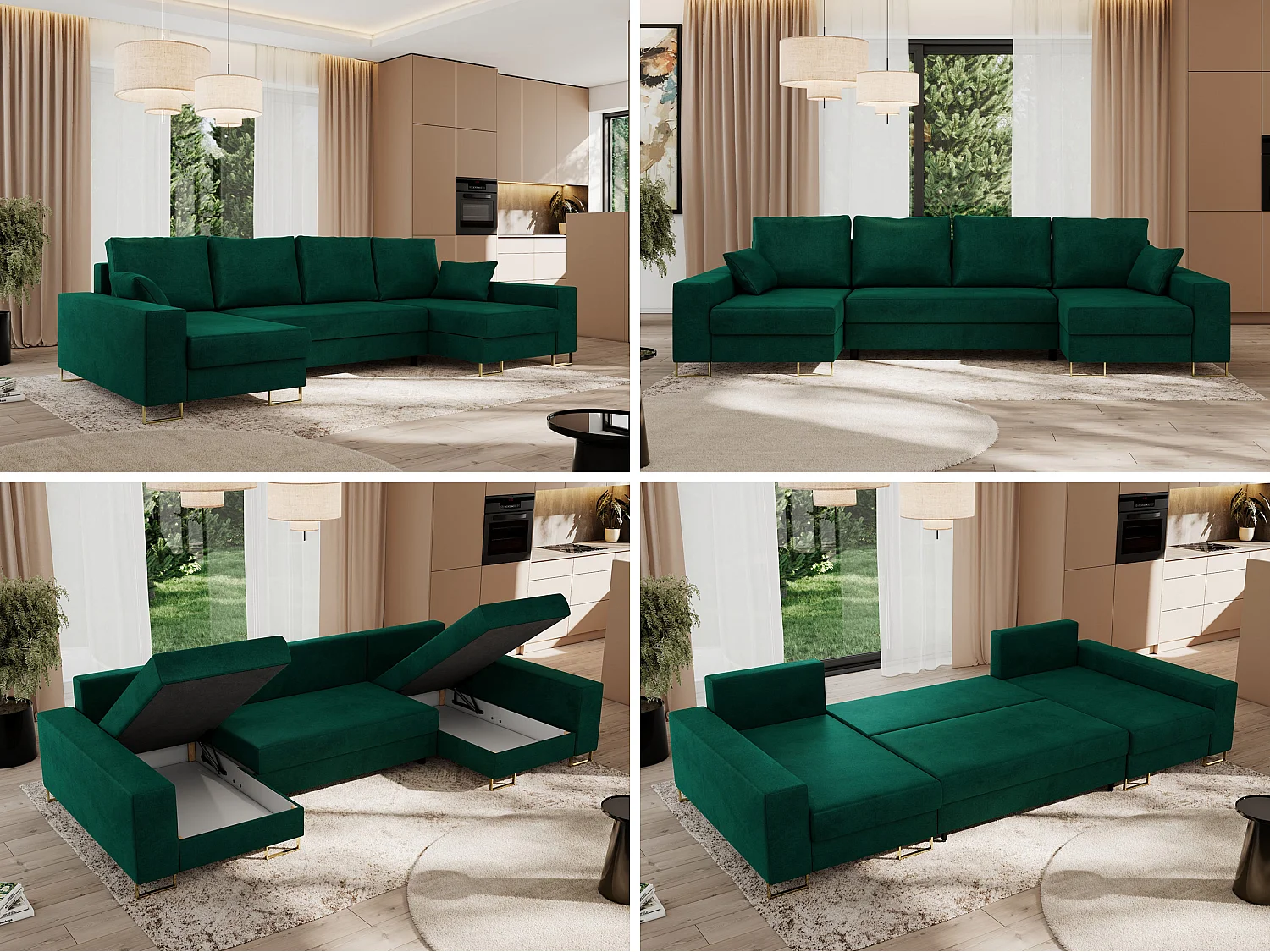 Ecksofa DORIAN U, Wohnlandschaft, Ecksofa mit Armlehnen, schlaffunktion und Bettkästen - Dunkelgrün Velvet