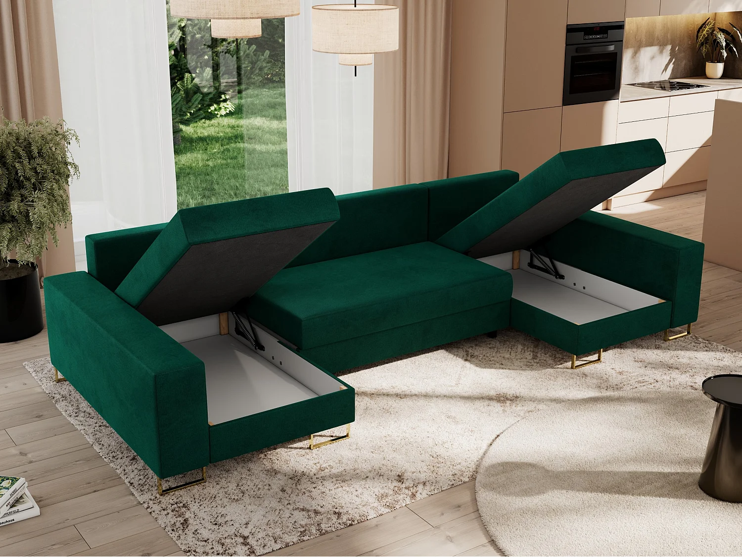 Ecksofa DORIAN U, Wohnlandschaft, Ecksofa mit Armlehnen, schlaffunktion und Bettkästen - Dunkelgrün Velvet