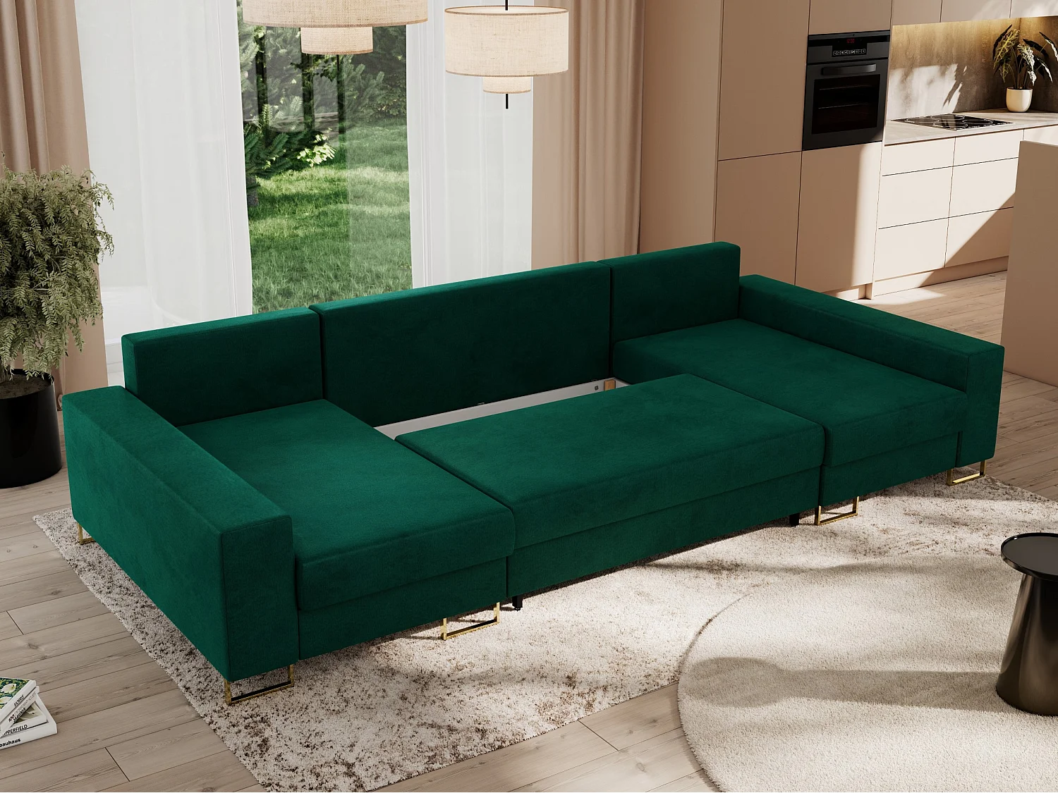 Ecksofa DORIAN U, Wohnlandschaft, Ecksofa mit Armlehnen, schlaffunktion und Bettkästen - Dunkelgrün Velvet