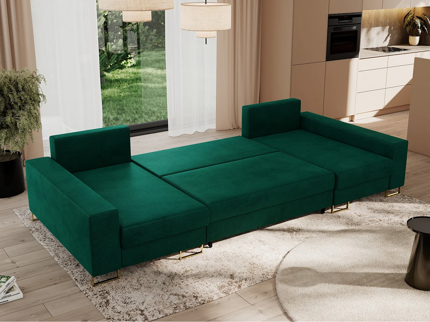Ecksofa DORIAN U, Wohnlandschaft, Ecksofa mit Armlehnen, schlaffunktion und Bettkästen - Dunkelgrün Velvet