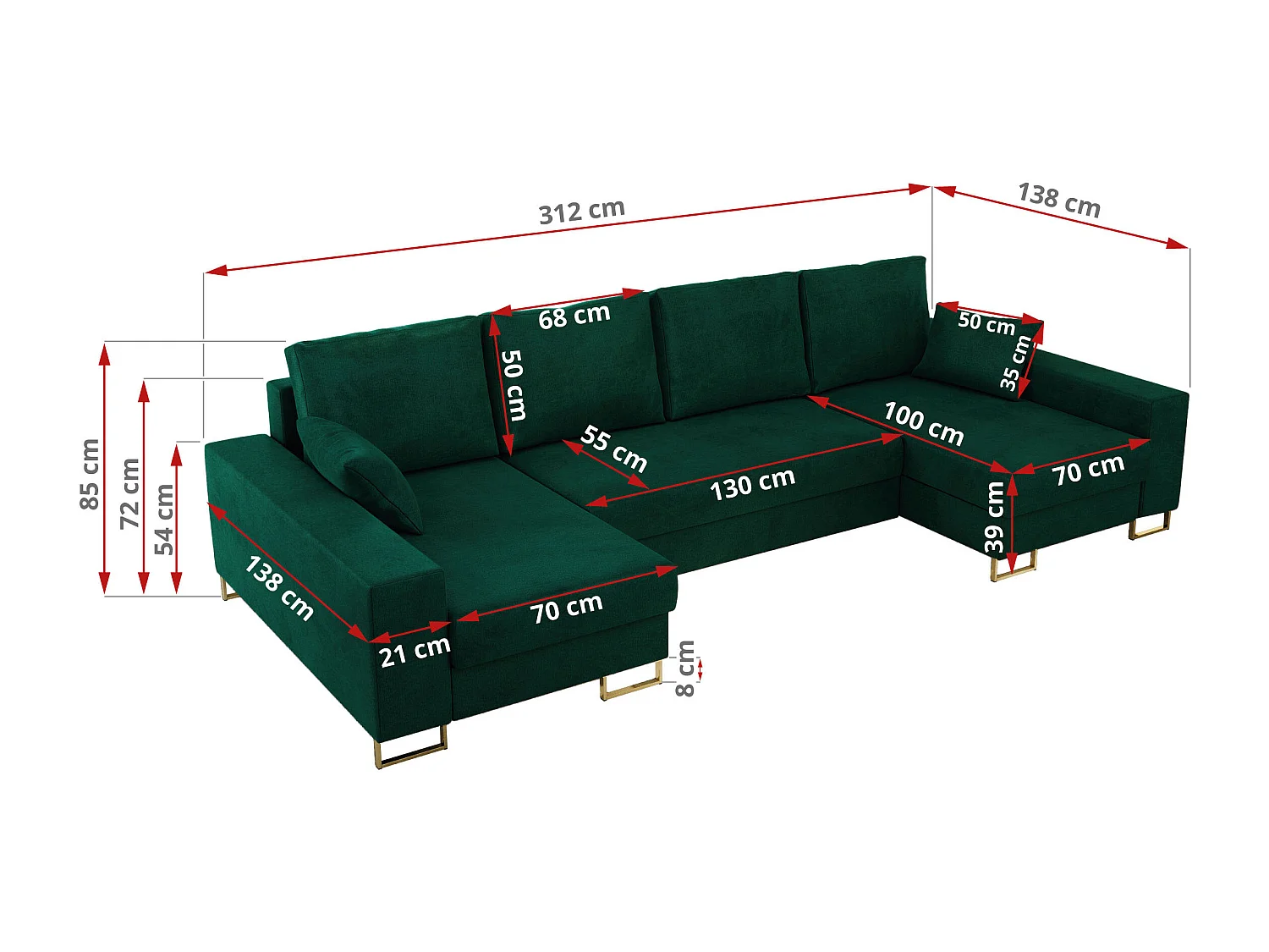 Ecksofa DORIAN U, Wohnlandschaft, Ecksofa mit Armlehnen, schlaffunktion und Bettkästen - Dunkelgrün Velvet