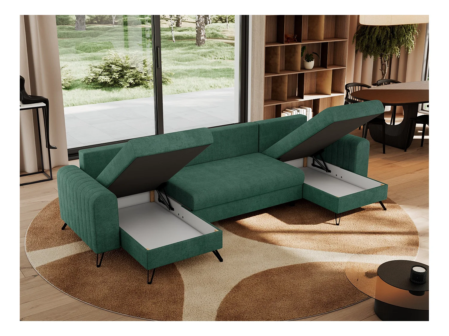 Ecksofa AXEL U, lose kissen, Ecksofa l-förmig, schlaffunktion und Bettkästen - Grün Struktur
