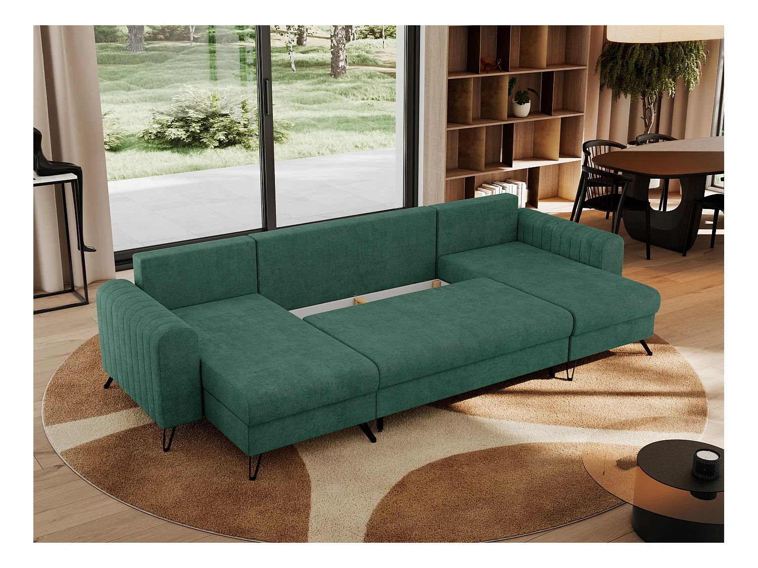 Ecksofa AXEL U, lose kissen, Ecksofa l-förmig, schlaffunktion und Bettkästen - Grün Struktur