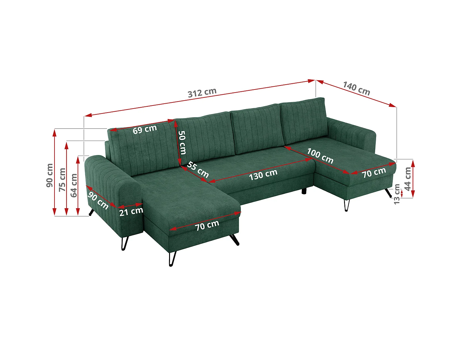 Ecksofa AXEL U, lose kissen, Ecksofa l-förmig, schlaffunktion und Bettkästen - Grün Struktur