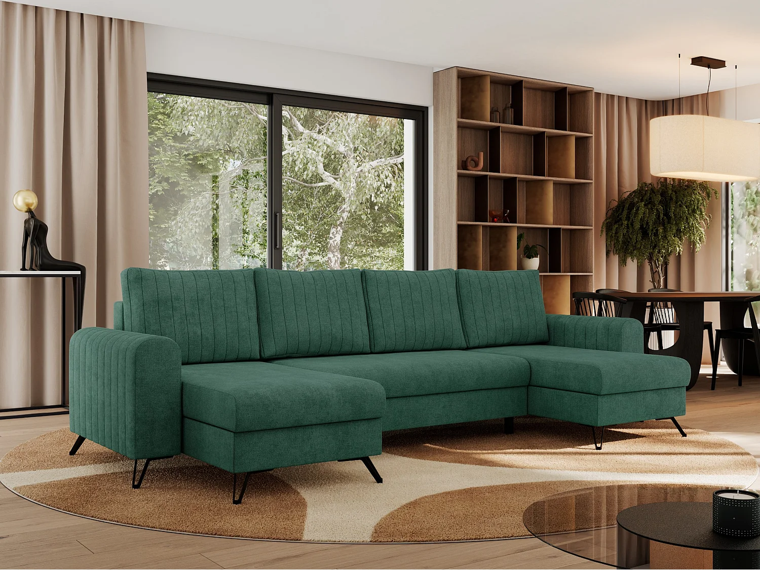 Ecksofa AXEL U, lose kissen, Ecksofa l-förmig, schlaffunktion und Bettkästen - Grün Struktur