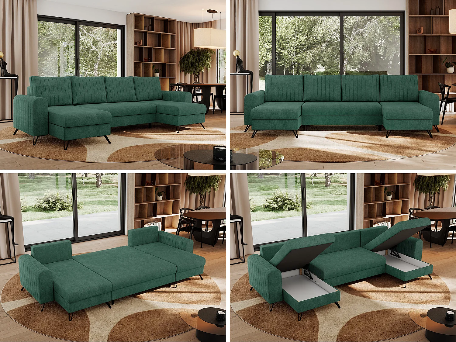 Ecksofa AXEL U, lose kissen, Ecksofa l-förmig, schlaffunktion und Bettkästen - Grün Struktur