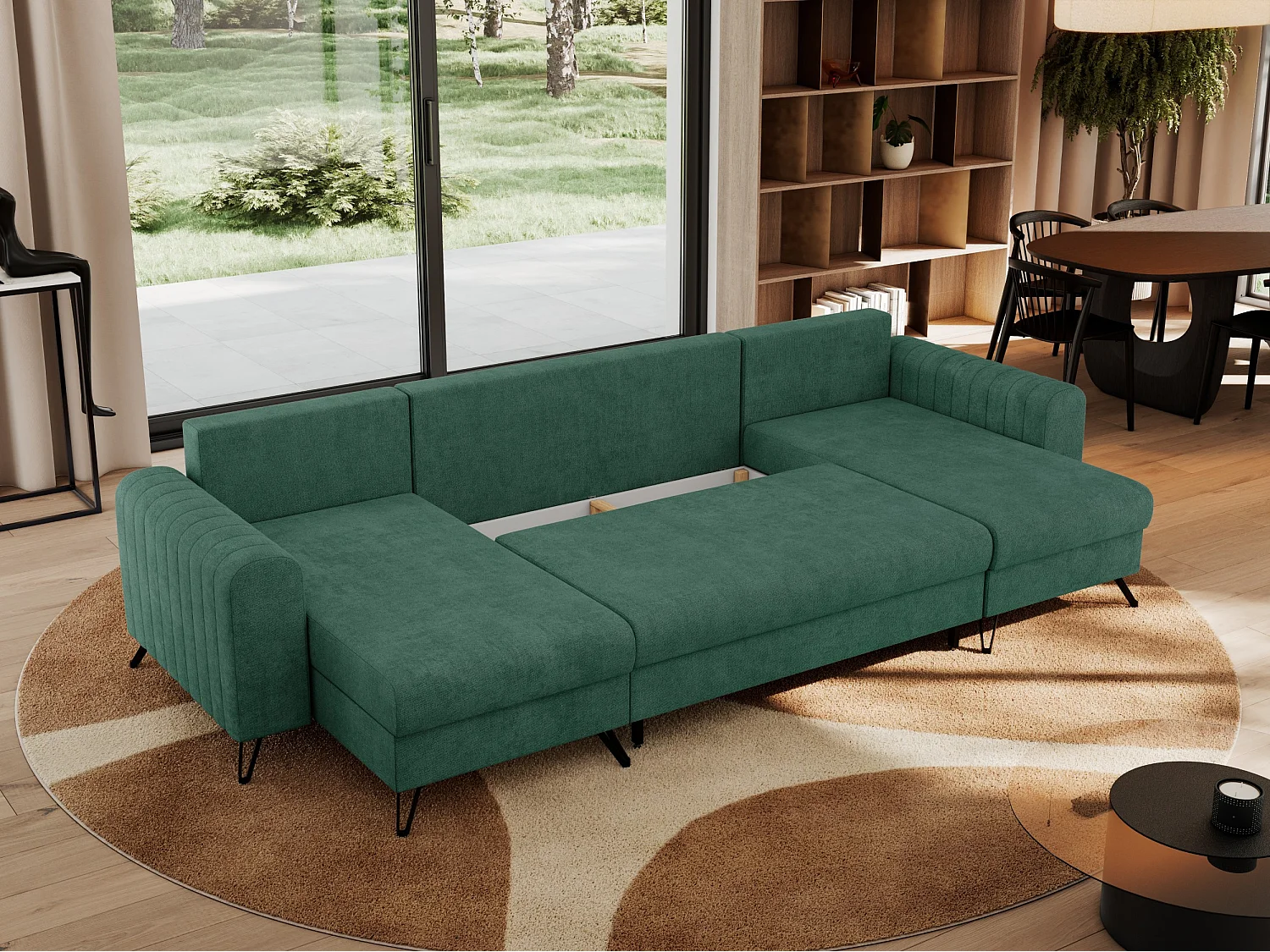 Ecksofa AXEL U, lose kissen, Ecksofa l-förmig, schlaffunktion und Bettkästen - Grün Struktur