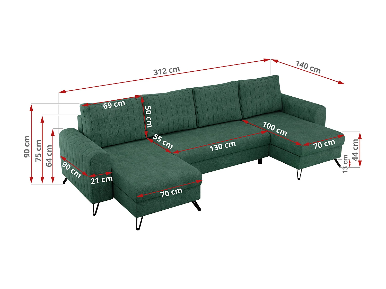 Ecksofa AXEL U, lose kissen, Ecksofa l-förmig, schlaffunktion und Bettkästen - Grün Struktur