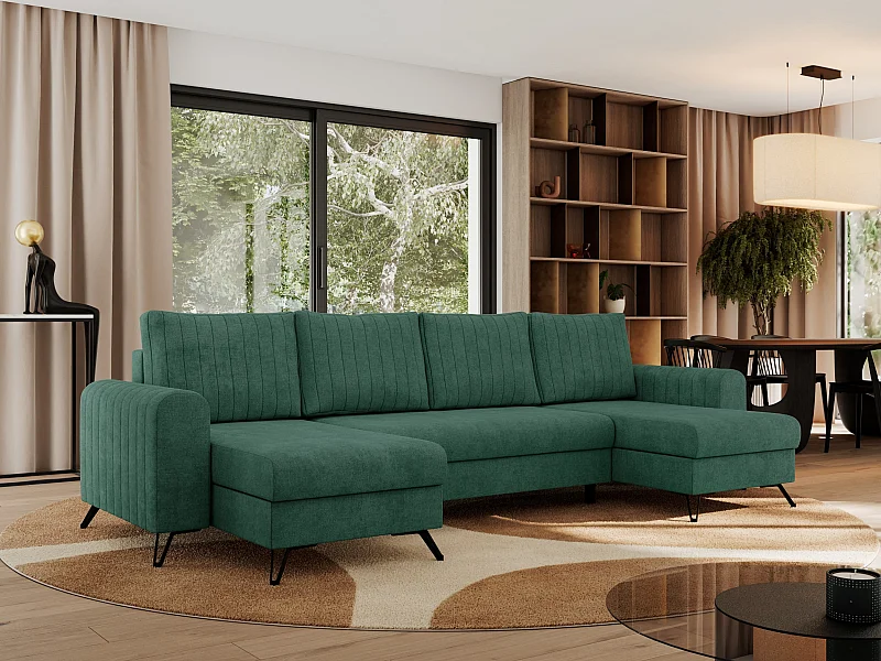 Ecksofa AXEL U, lose kissen, Ecksofa l-förmig, schlaffunktion und Bettkästen - Grün Struktur