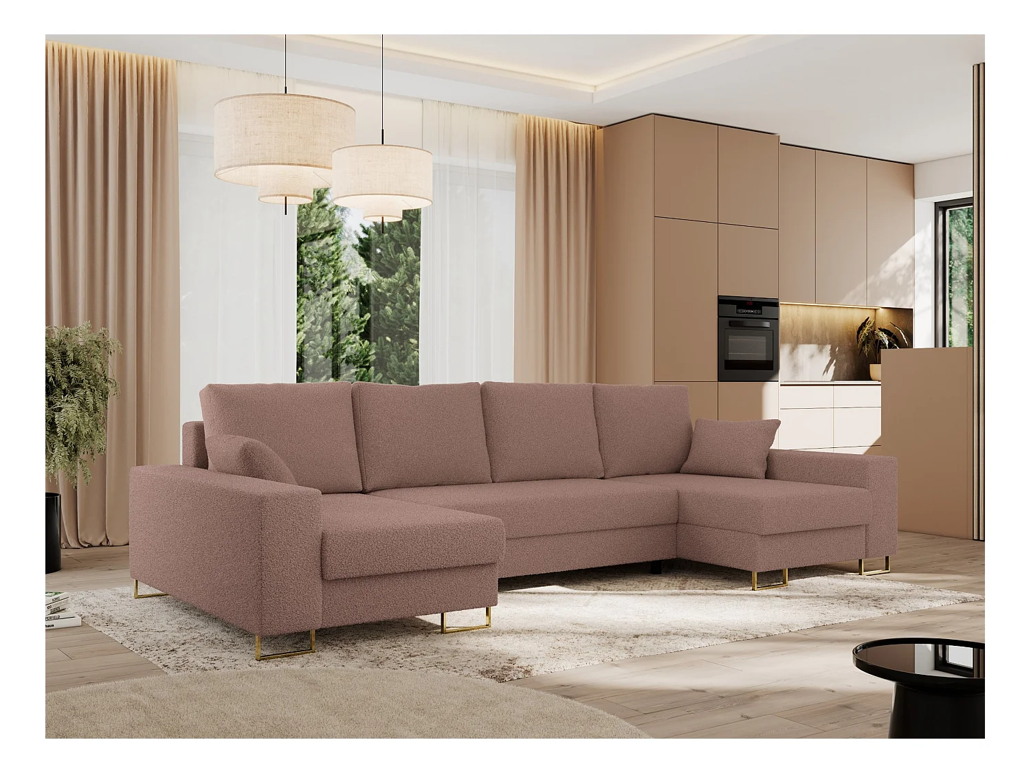 Ecksofa DORIAN U, Wohnlandschaft, Ecksofa mit Armlehnen, schlaffunktion und Bettkästen - Rosa Boucle