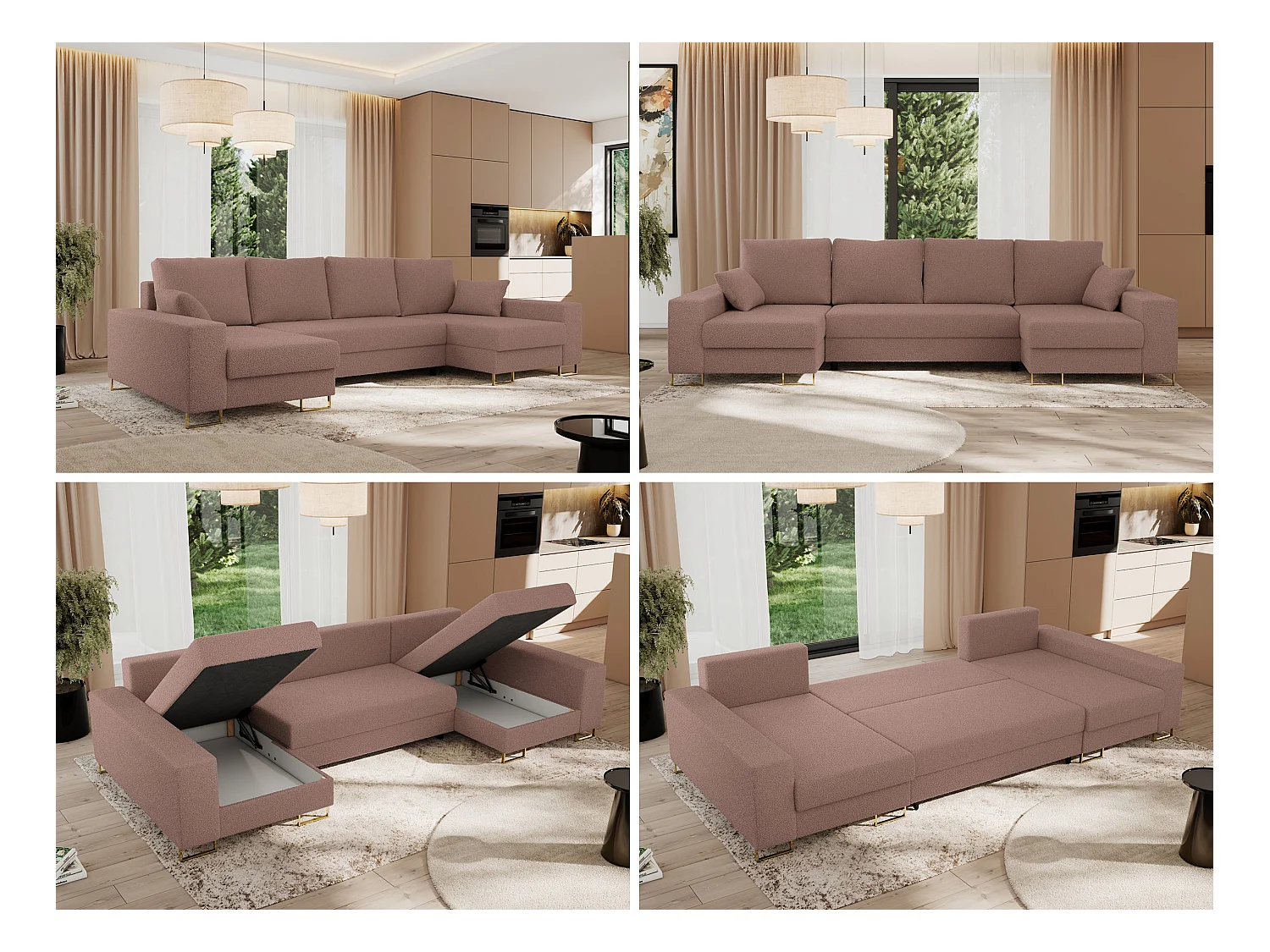 Ecksofa DORIAN U, Wohnlandschaft, Ecksofa mit Armlehnen, schlaffunktion und Bettkästen - Rosa Boucle