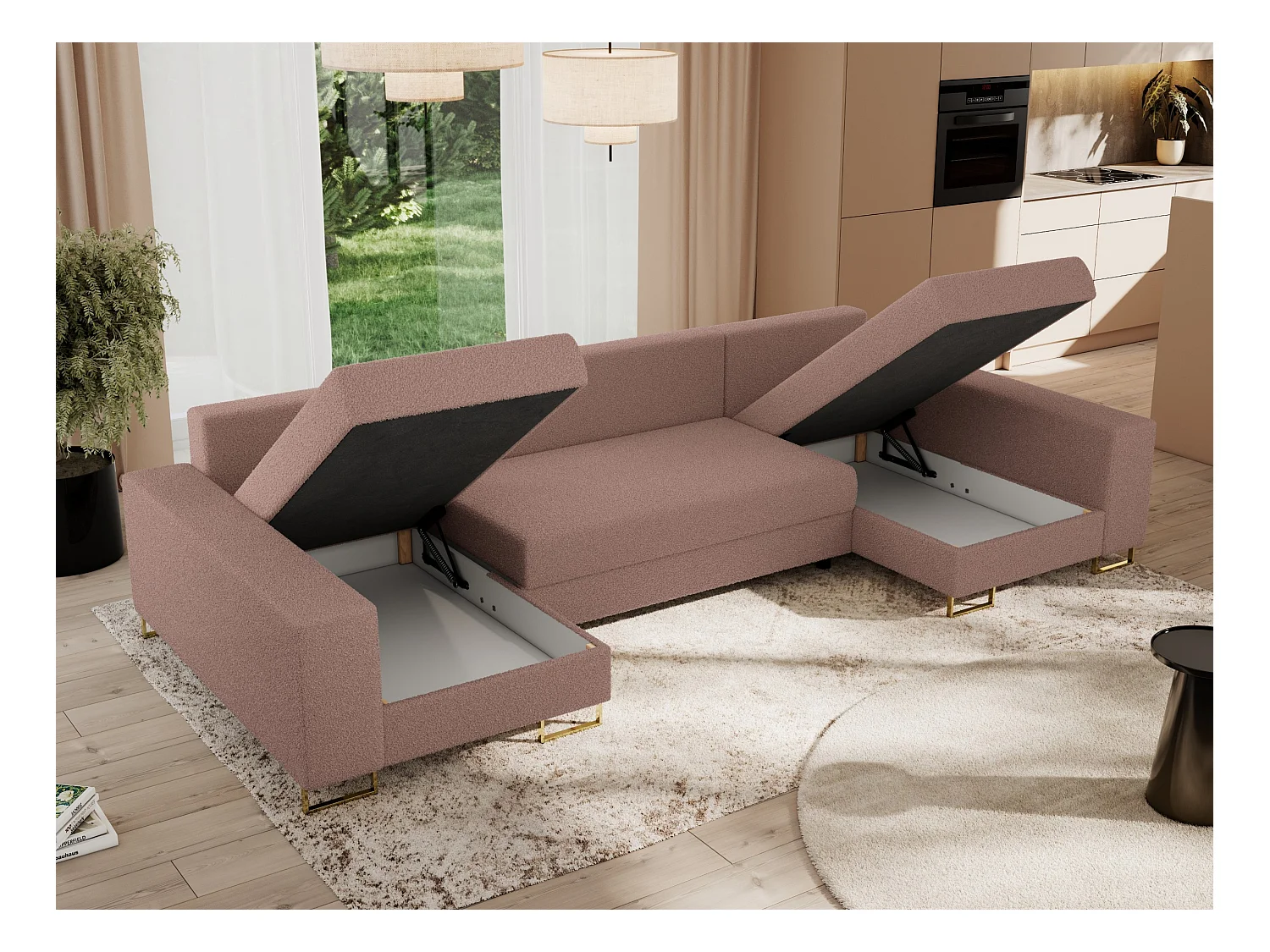 Ecksofa DORIAN U, Wohnlandschaft, Ecksofa mit Armlehnen, schlaffunktion und Bettkästen - Rosa Boucle