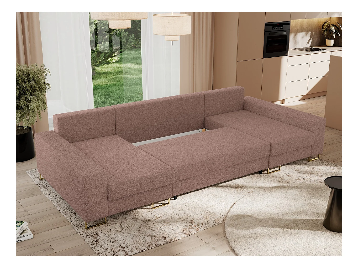 Ecksofa DORIAN U, Wohnlandschaft, Ecksofa mit Armlehnen, schlaffunktion und Bettkästen - Rosa Boucle