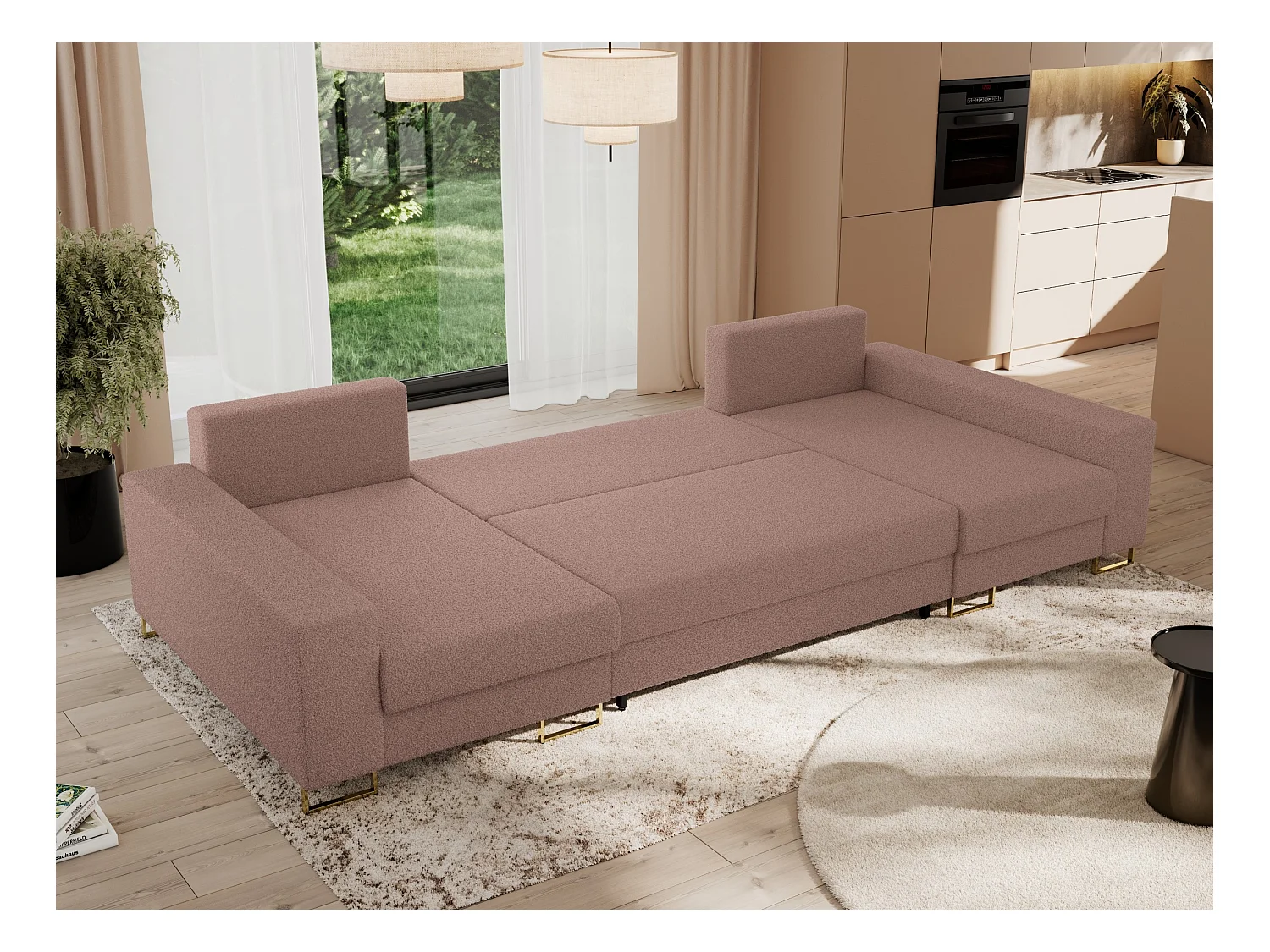 Ecksofa DORIAN U, Wohnlandschaft, Ecksofa mit Armlehnen, schlaffunktion und Bettkästen - Rosa Boucle