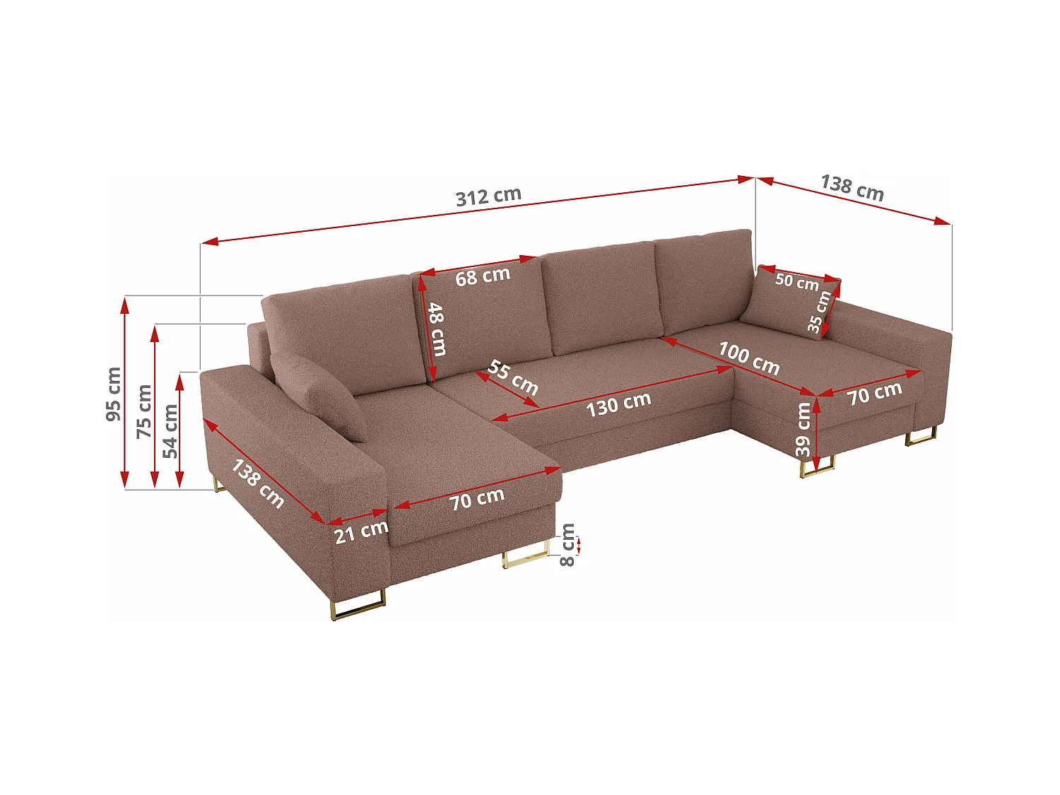 Ecksofa DORIAN U, Wohnlandschaft, Ecksofa mit Armlehnen, schlaffunktion und Bettkästen - Rosa Boucle