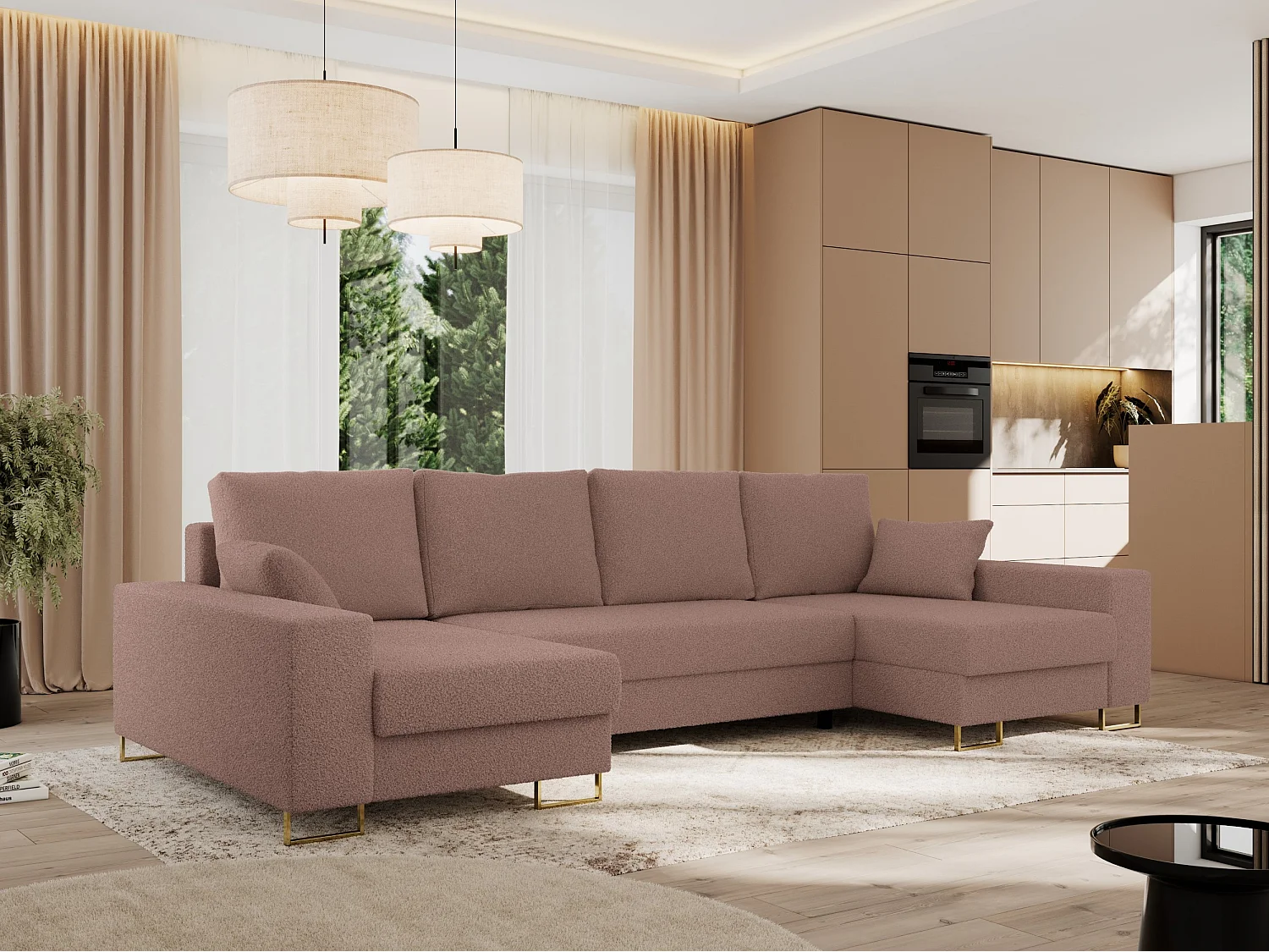 Ecksofa DORIAN U, Wohnlandschaft, Ecksofa mit Armlehnen, schlaffunktion und Bettkästen - Rosa Boucle