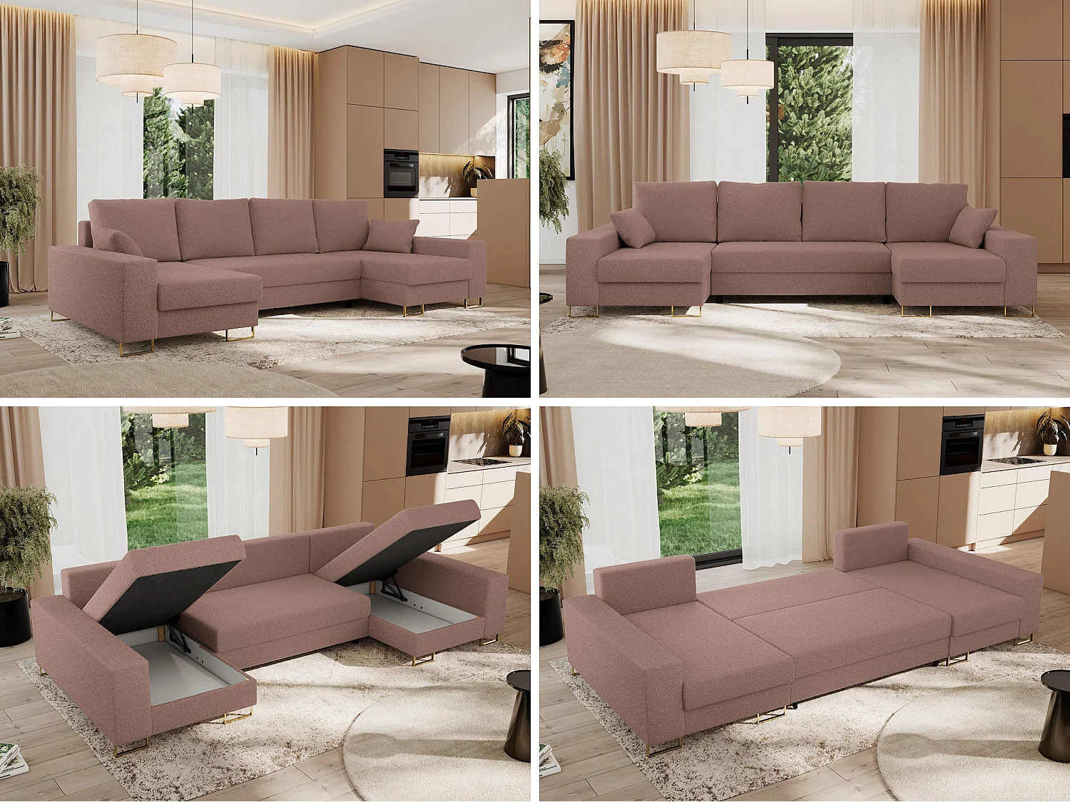 Ecksofa DORIAN U, Wohnlandschaft, Ecksofa mit Armlehnen, schlaffunktion und Bettkästen - Rosa Boucle