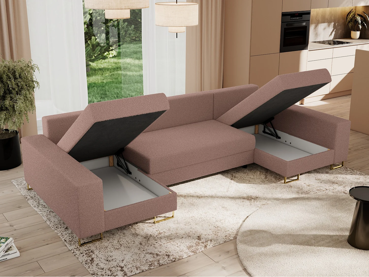 Ecksofa DORIAN U, Wohnlandschaft, Ecksofa mit Armlehnen, schlaffunktion und Bettkästen - Rosa Boucle