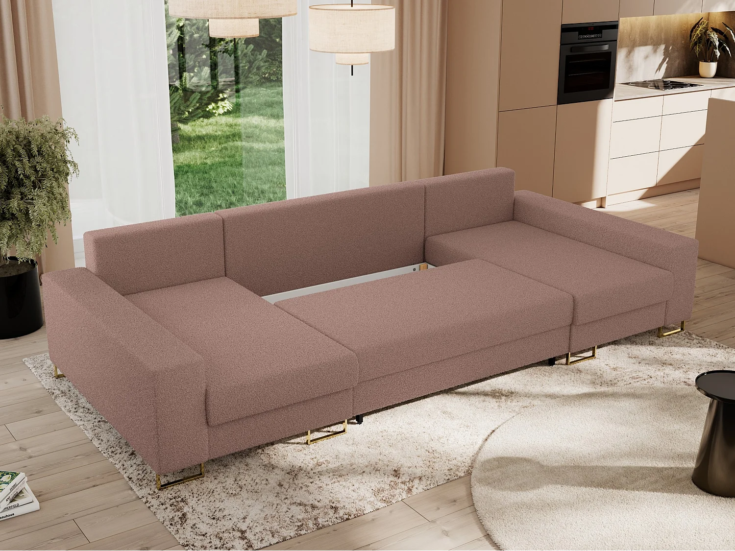 Ecksofa DORIAN U, Wohnlandschaft, Ecksofa mit Armlehnen, schlaffunktion und Bettkästen - Rosa Boucle