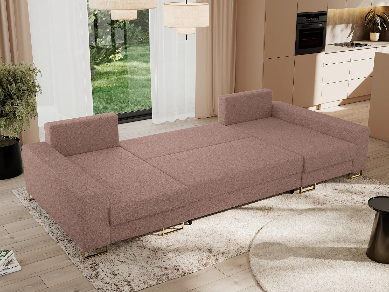Ecksofa DORIAN U, Wohnlandschaft, Ecksofa mit Armlehnen, schlaffunktion und Bettkästen - Rosa Boucle