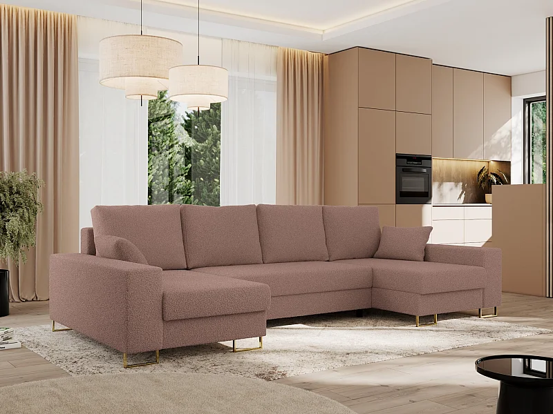 Ecksofa DORIAN U, Wohnlandschaft, Ecksofa mit Armlehnen, schlaffunktion und Bettkästen - Rosa Boucle