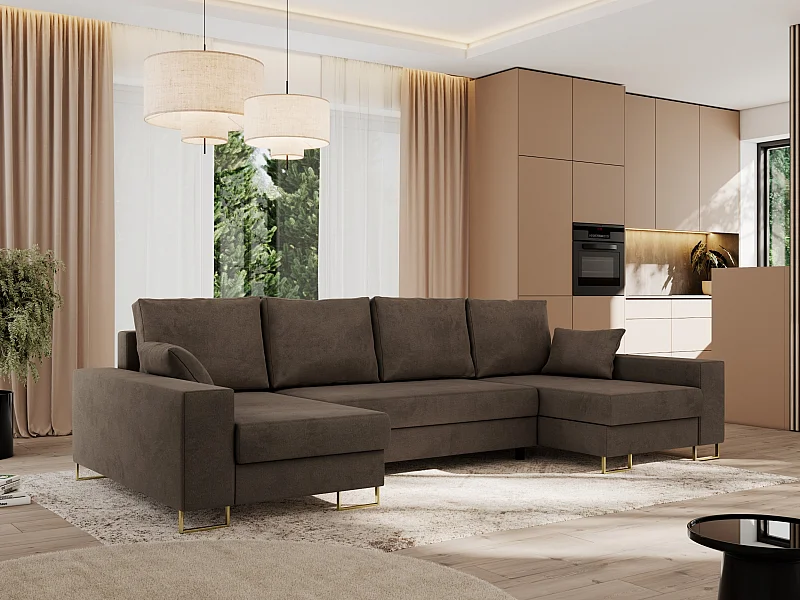 Ecksofa DORIAN U, Wohnlandschaft, Ecksofa mit Armlehnen, schlaffunktion und Bettkästen - Braun Velvet