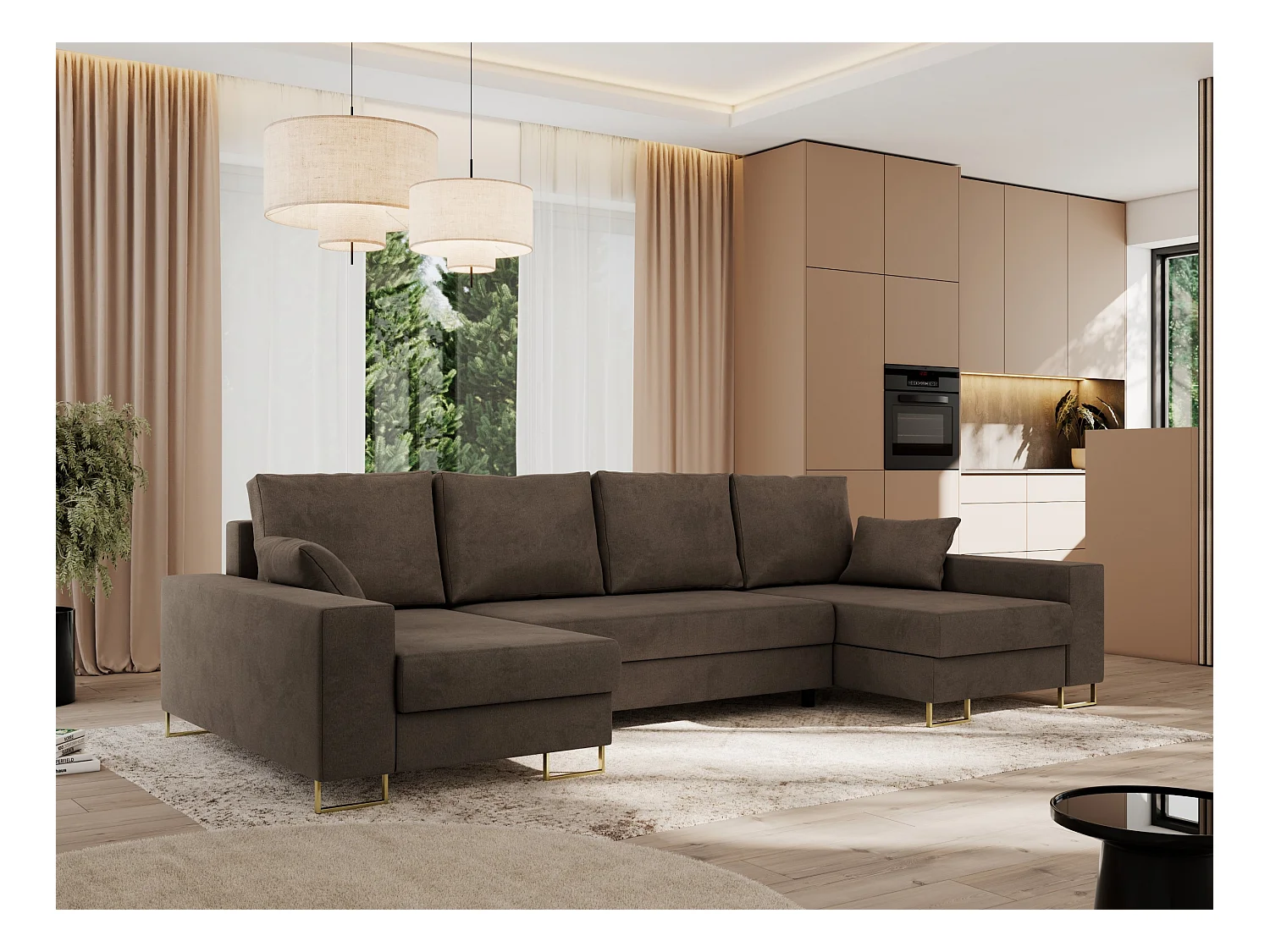 Ecksofa DORIAN U, Wohnlandschaft, Ecksofa mit Armlehnen, schlaffunktion und Bettkästen - Braun Velvet