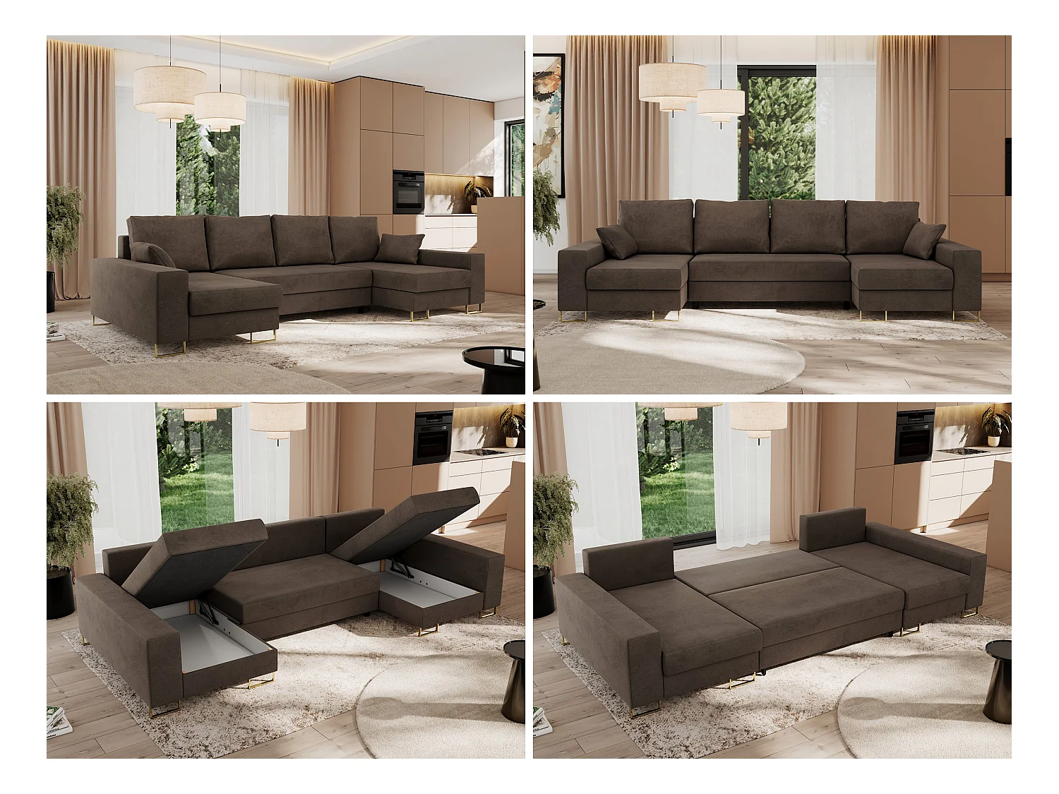 Ecksofa DORIAN U, Wohnlandschaft, Ecksofa mit Armlehnen, schlaffunktion und Bettkästen - Braun Velvet