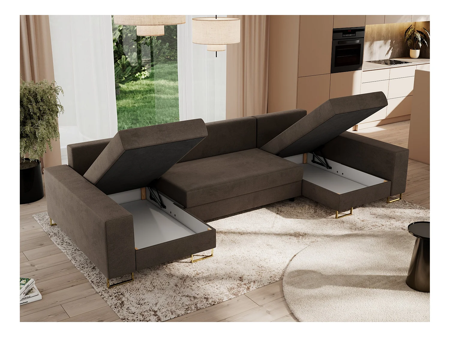 Ecksofa DORIAN U, Wohnlandschaft, Ecksofa mit Armlehnen, schlaffunktion und Bettkästen - Braun Velvet