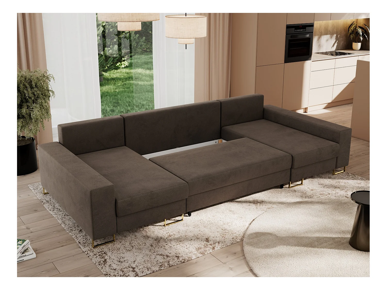 Ecksofa DORIAN U, Wohnlandschaft, Ecksofa mit Armlehnen, schlaffunktion und Bettkästen - Braun Velvet