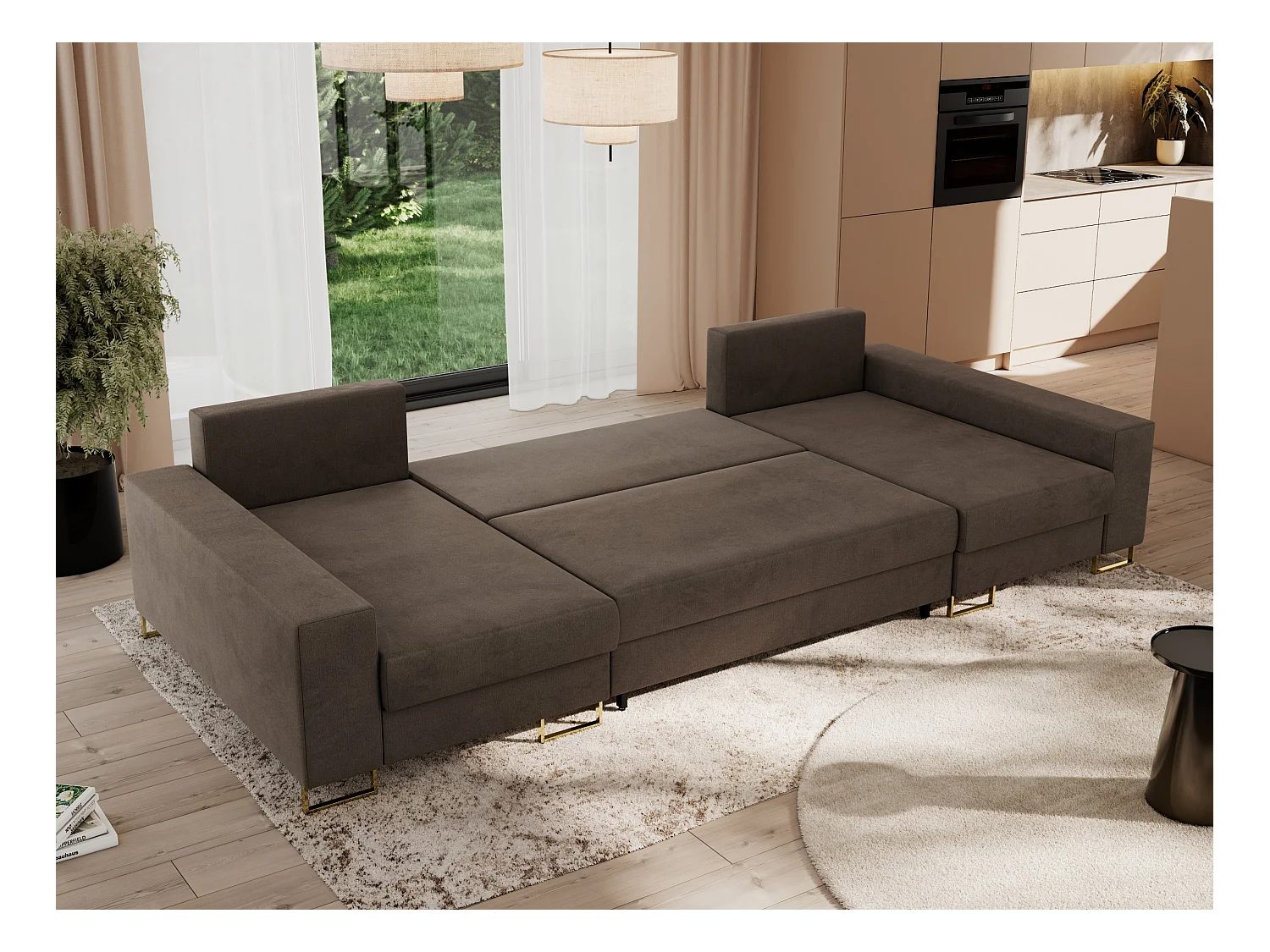 Ecksofa DORIAN U, Wohnlandschaft, Ecksofa mit Armlehnen, schlaffunktion und Bettkästen - Braun Velvet