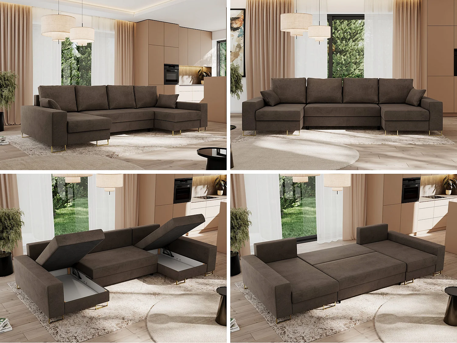 Ecksofa DORIAN U, Wohnlandschaft, Ecksofa mit Armlehnen, schlaffunktion und Bettkästen - Braun Velvet