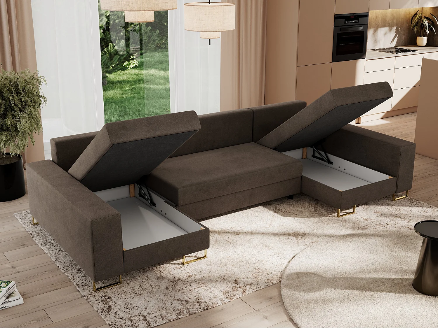 Ecksofa DORIAN U, Wohnlandschaft, Ecksofa mit Armlehnen, schlaffunktion und Bettkästen - Braun Velvet