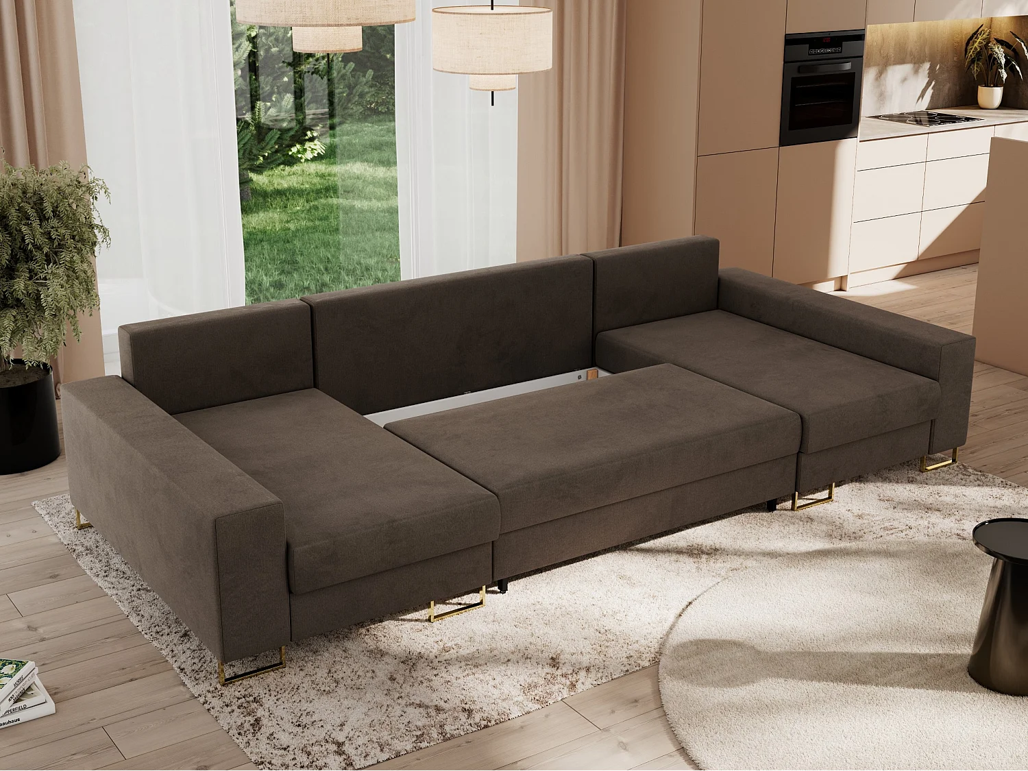 Ecksofa DORIAN U, Wohnlandschaft, Ecksofa mit Armlehnen, schlaffunktion und Bettkästen - Braun Velvet