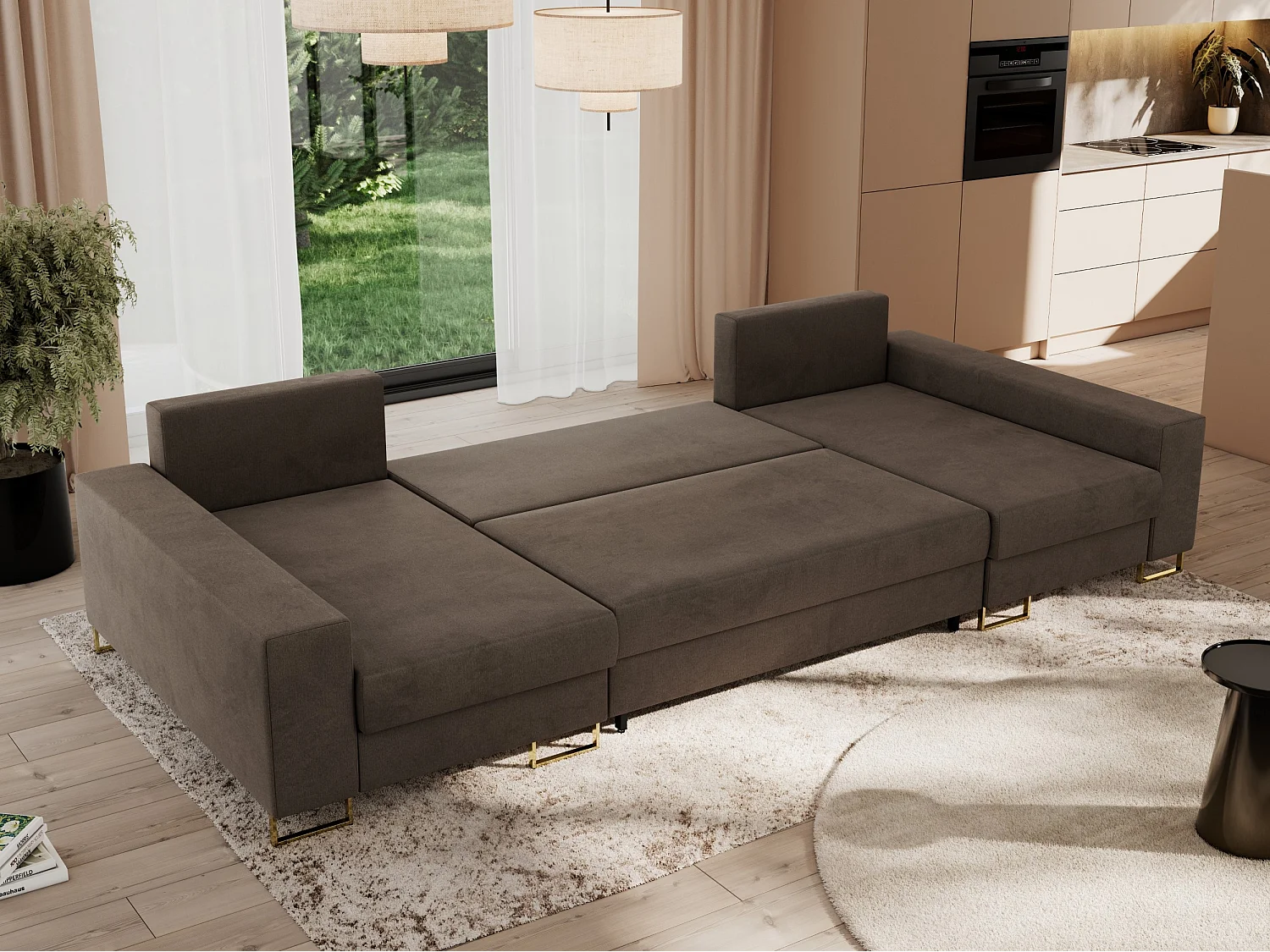 Ecksofa DORIAN U, Wohnlandschaft, Ecksofa mit Armlehnen, schlaffunktion und Bettkästen - Braun Velvet