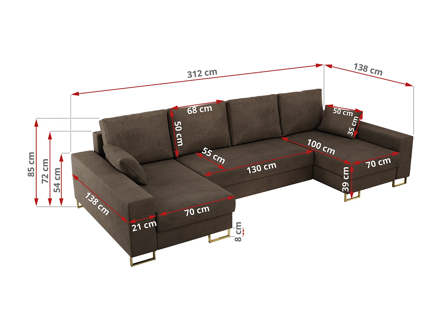 Ecksofa DORIAN U, Wohnlandschaft, Ecksofa mit Armlehnen, schlaffunktion und Bettkästen - Braun Velvet