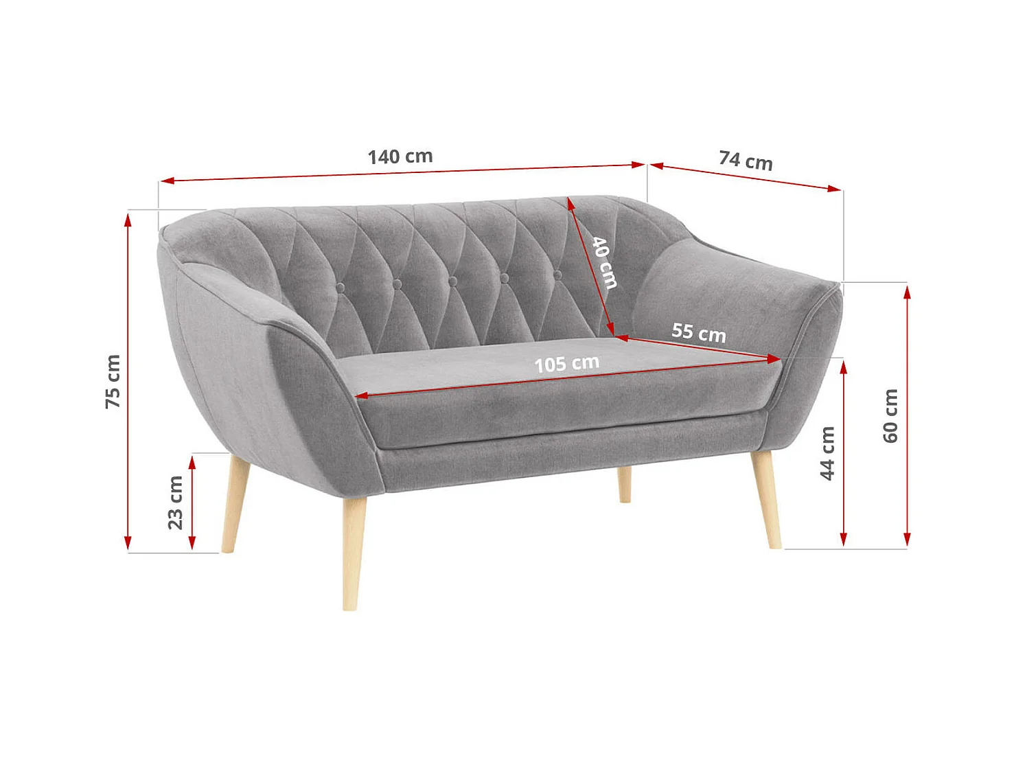Sofa PIRS - 2-Sitzer, mit Armlehnen, Skandinavisches Design - Hellgrau Velvet