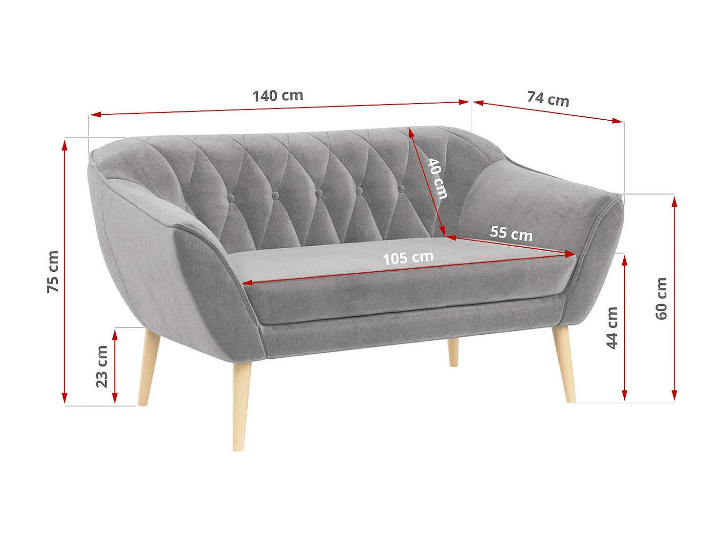 Sofa PIRS - 2-Sitzer, mit Armlehnen, Skandinavisches Design - Hellgrau Velvet