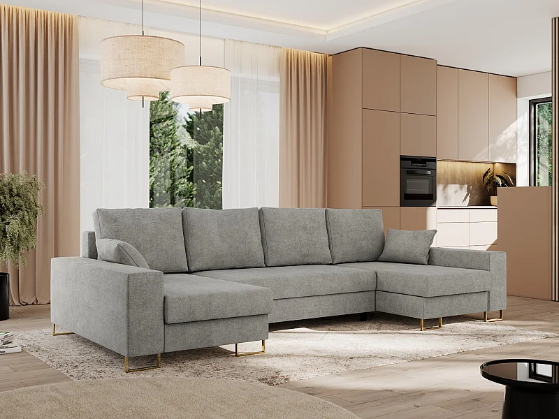 Ecksofa DORIAN U, Wohnlandschaft, Ecksofa mit Armlehnen, schlaffunktion und Bettkästen - Hellgrau Struktur