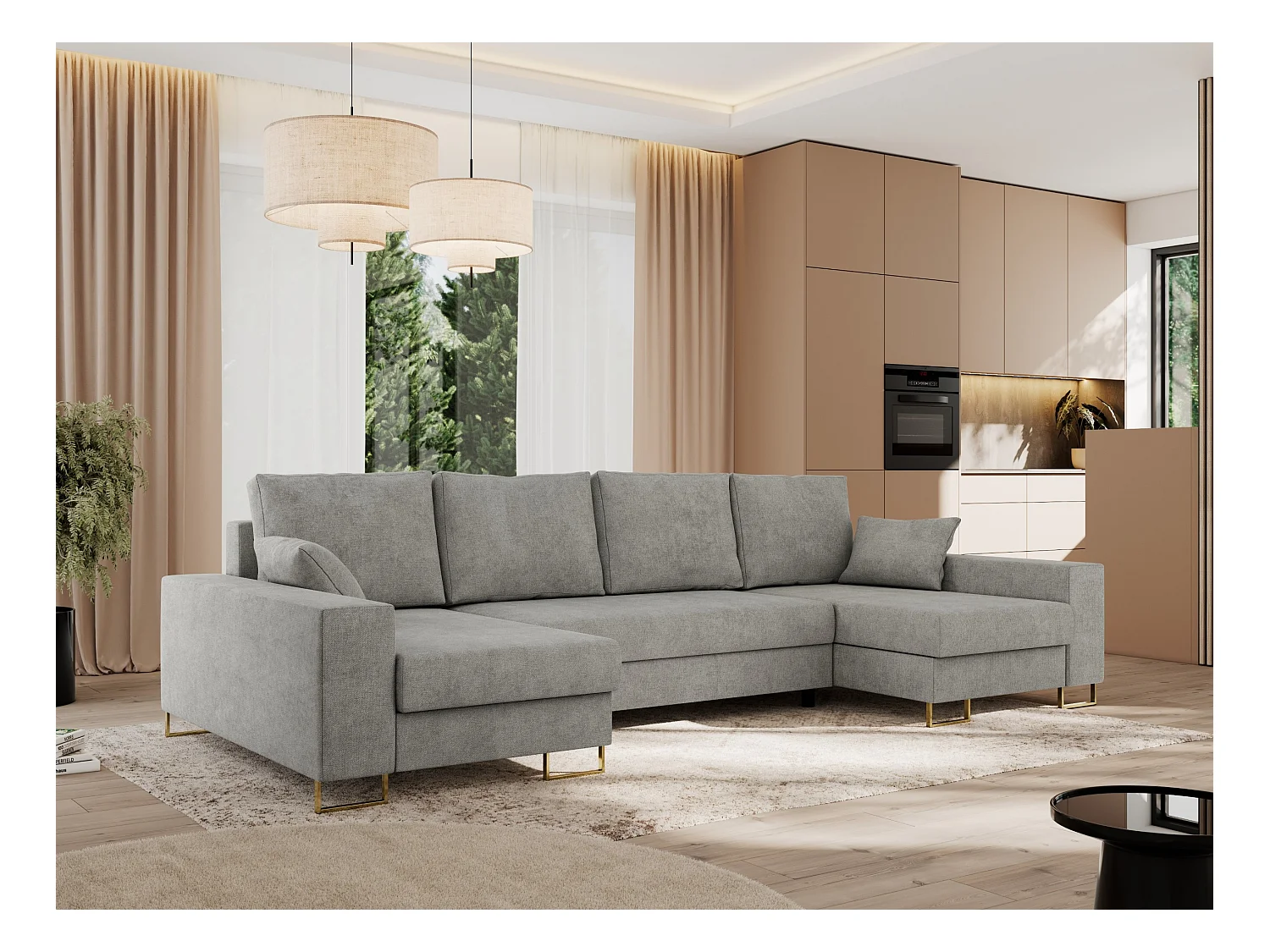 Ecksofa DORIAN U, Wohnlandschaft, Ecksofa mit Armlehnen, schlaffunktion und Bettkästen - Hellgrau Struktur