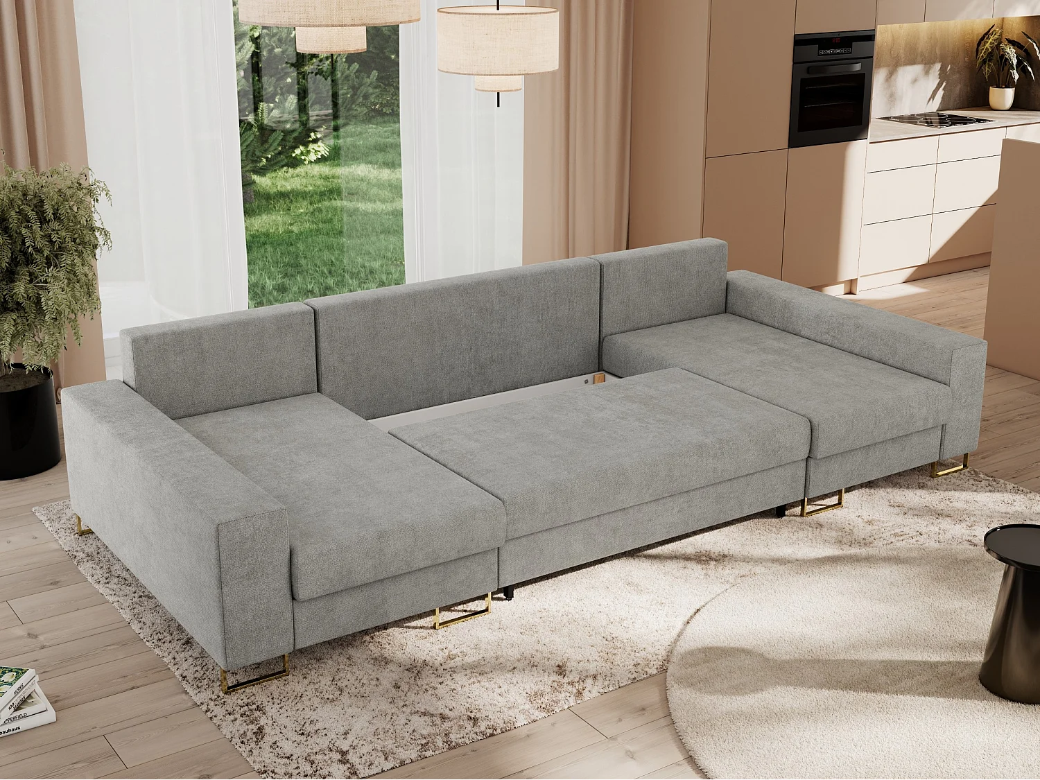 Ecksofa DORIAN U, Wohnlandschaft, Ecksofa mit Armlehnen, schlaffunktion und Bettkästen - Hellgrau Struktur