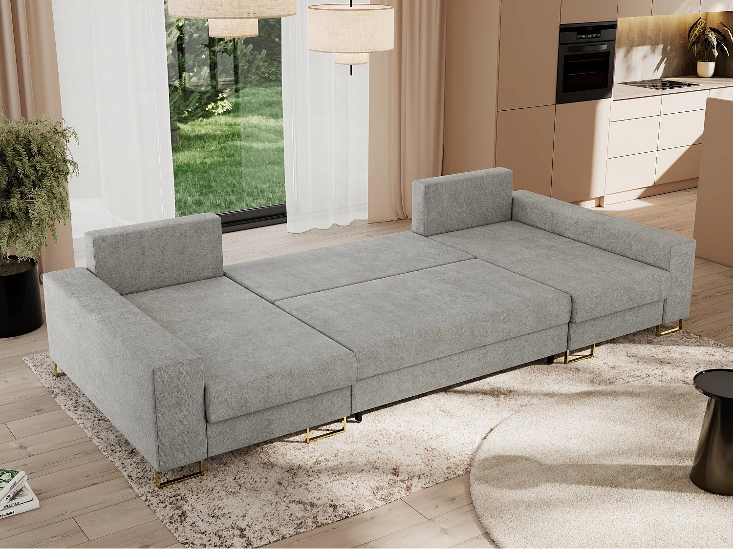 Ecksofa DORIAN U, Wohnlandschaft, Ecksofa mit Armlehnen, schlaffunktion und Bettkästen - Hellgrau Struktur