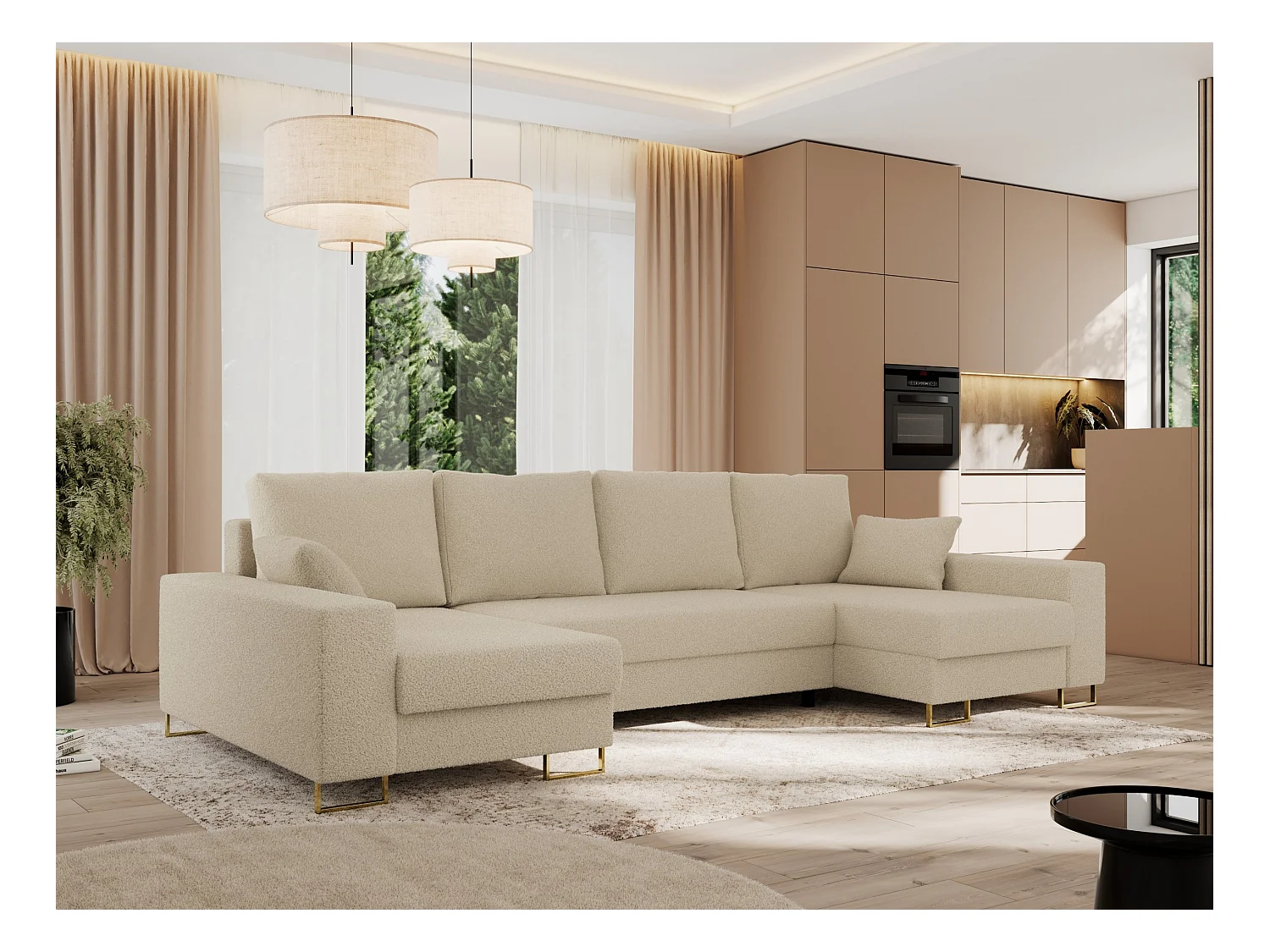 Ecksofa DORIAN U, Wohnlandschaft, Ecksofa mit Armlehnen, schlaffunktion und Bettkästen - Beige Boucle