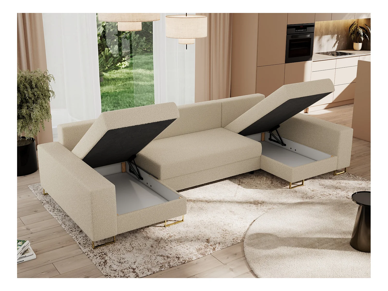 Ecksofa DORIAN U, Wohnlandschaft, Ecksofa mit Armlehnen, schlaffunktion und Bettkästen - Beige Boucle