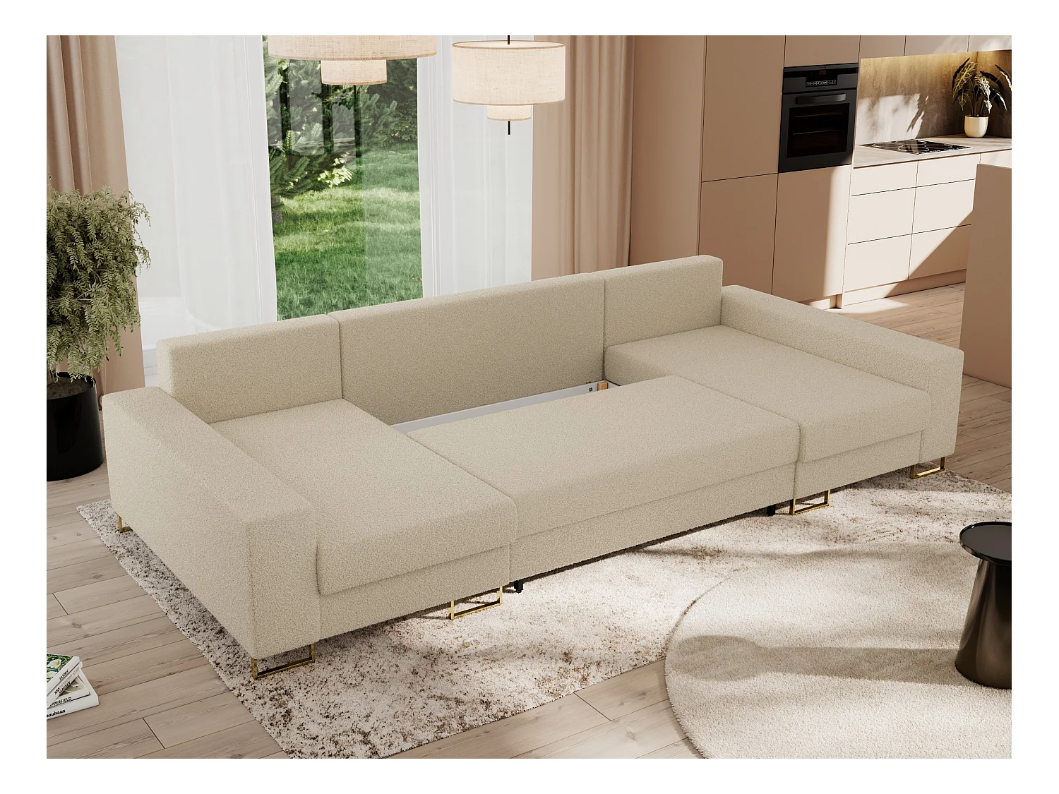Ecksofa DORIAN U, Wohnlandschaft, Ecksofa mit Armlehnen, schlaffunktion und Bettkästen - Beige Boucle