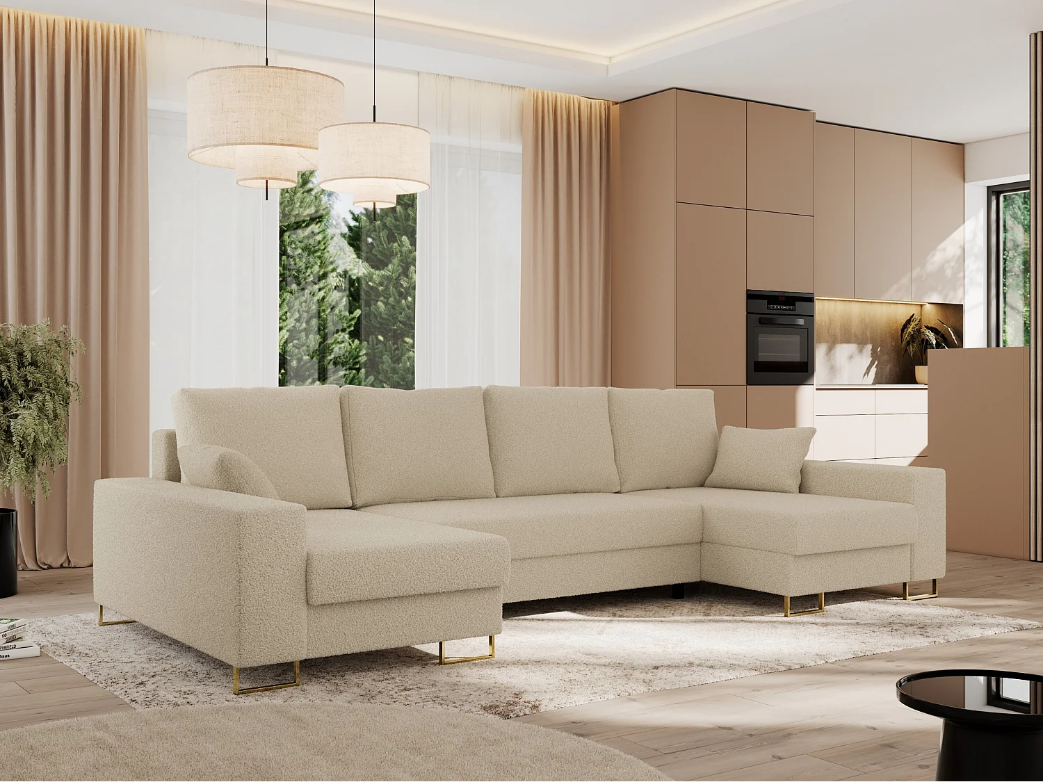 Ecksofa DORIAN U, Wohnlandschaft, Ecksofa mit Armlehnen, schlaffunktion und Bettkästen - Beige Boucle